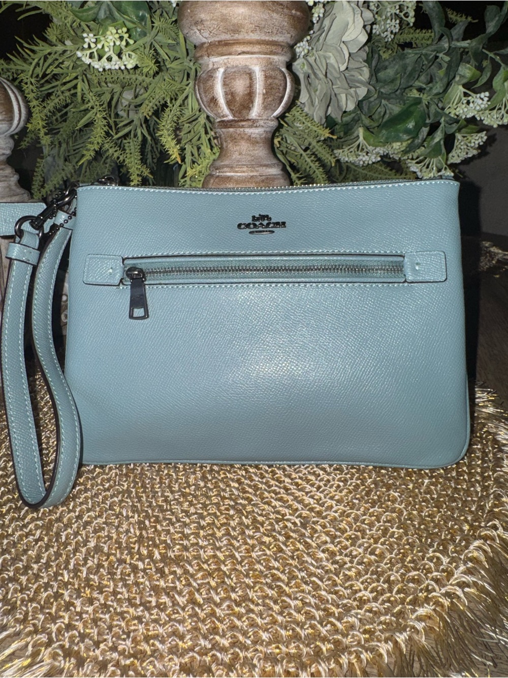 Coach Light Blue Pebbled Leather Large Wristlet or Clutch EXCELLENT CONDITION